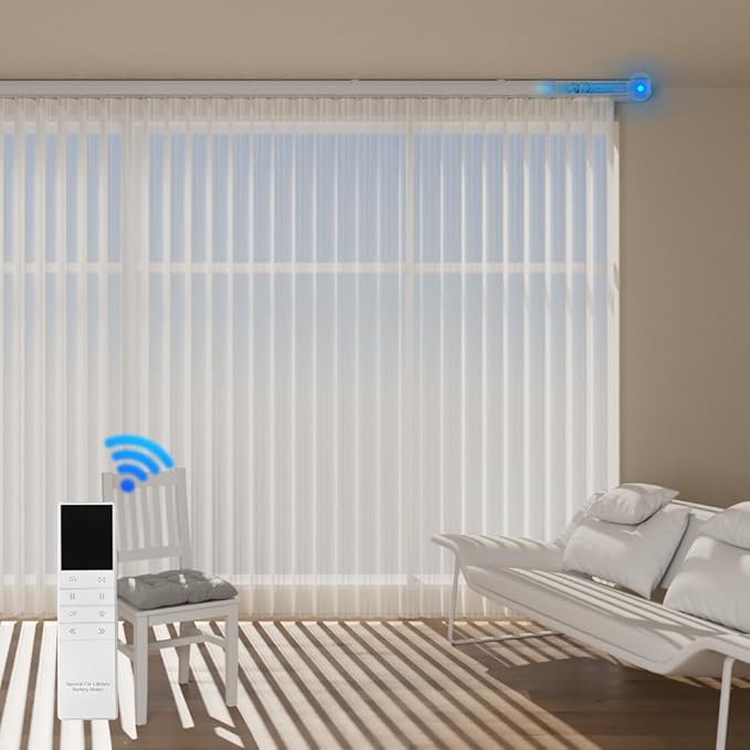 Motorized Sheer Vertical Blinds with Remote, Light Filtering Vertical Blind Sliding Door Blinds Remote Control Blinds for Sliding Glass Door Customize, Texture White