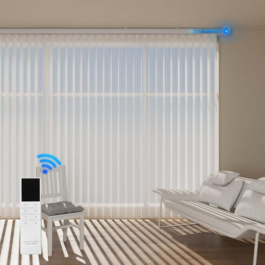 Motorized Sheer Vertical Blinds with Remote, Light Filtering Vertical Blind Sliding Door Blinds Remote Control Blinds for Sliding Glass Door Customize, Texture White