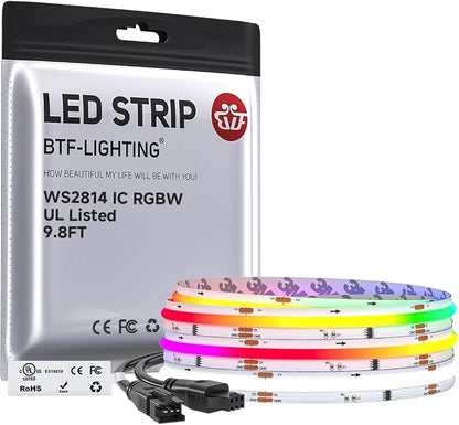 BTF-LIGHTING 9.8FT WS2814 Smart IC RGBW 6000K DC12V COB LED Strip Light | UL Listed 768LEDs/m High Density Color Chasing Uniform Light 10mm Width for Home Party DIY Lighting(No Adapter or Controller)
