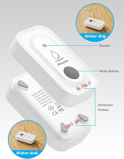 MAXCIO Wi-Fi Water Leak Detector 4 Pack, Smart Water Wireless Sensor with 110dB Adjustable Alarm, APP, SMS, Phone Notifications, 1640ft Transmission Range, Suitable for Basement, Bathroom, and Kitchen