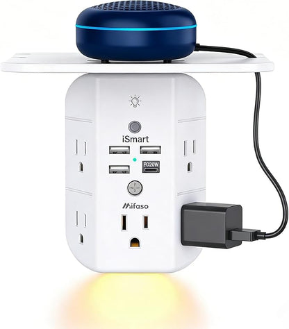 Mifaso PD20W Outlet Extender with Shelf & Night Light, Surge Protector | 5 AC Outlets, 3 USB-A, 1 USB-C, 3-Sided Wide-Space, Multi-Plug Outlet Splitter, 1800J, Ideal for Office, Dorm, RV, Travel