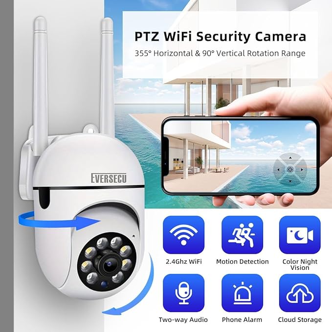 EVERSECU 1080P Outdoor WiFi PTZ Security Camera, 5G WiFi, Auto Tracking, 2 Way Audio, Spotlight Night Vision, Compatible with Alexa, SD Card & Cloud Storage, Support ONVIF&RTSP IP CCTV Camera