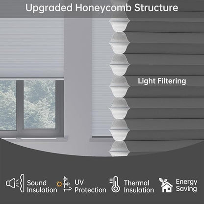 Cellular Shades Light Filtering Honeycomb Blinds for Indoor Windows, Cordless Cellular Shades 1.5 inch Cell Pleated for Bedroom Home Office, Custom Size, Half Shading Grey