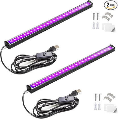 Black Light Bar, 1ft USB UV Black Light Fixture for Fluorescent Tapestry, Body Paint, Halloween, Christmas - 2-Pack with On/Off Switch