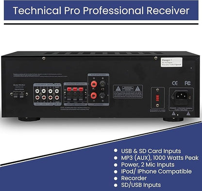 Professional Home Stereo Receiver with USB and SD Card Inputs, MP3 (AUX), 1000 Watts, 2 Mic Inputs, Recorder, Wireless Remote, FM Digital Tuner