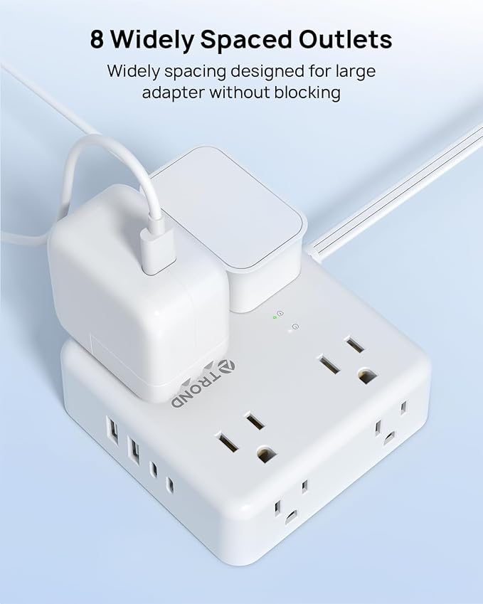 TROND 5ft Flat Extension Cord with 2 USB C, Ultra Thin Flat Plug Power Strip, 8 Widely Outlets and 4 USB Ports, 1700J Surge Protector, Extension Cord for Office, Travel, Home, White