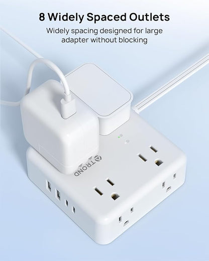 TROND 5ft Flat Extension Cord with 2 USB C, Ultra Thin Flat Plug Power Strip, 8 Widely Outlets and 4 USB Ports, 1700J Surge Protector, Extension Cord for Office, Travel, Home, White