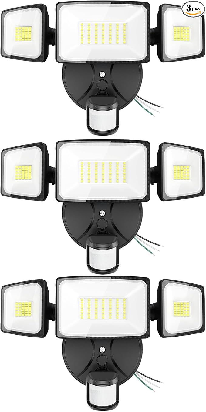 Onforu 3 Pack 75W Motion Sensor Outdoor Lights, 7000lm Dusk to Dawn Flood Light, LED Security Light with 3 Head, IP65 Waterproof Exterior Floodlight, 6500k Wall Light for Entryway Stairs Yard Garage