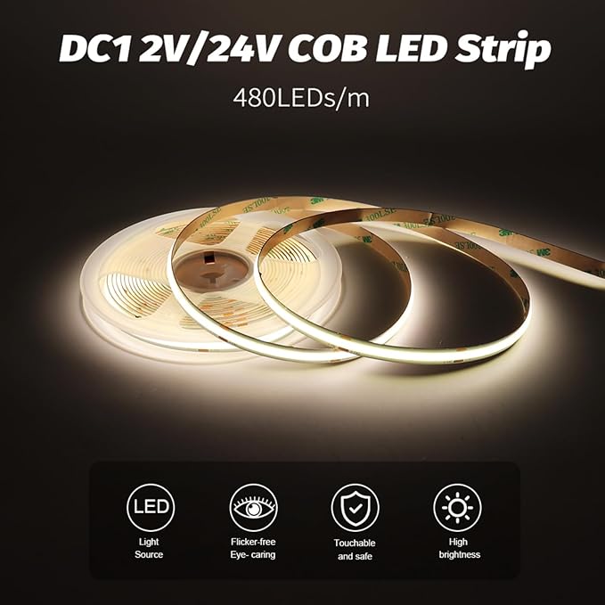 DC 24V COB LED Strip Light 4000K Natural White Color 480LEDs/m 16.4FT/5M CRI>90 High Bright LED Tape Ribbon for Hotel Office Kitchen Bedroom Home Decor (DC24V, Without Power Supply)