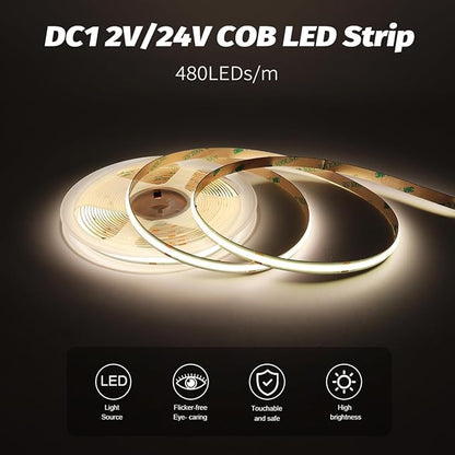 DC 24V COB LED Strip Light 4000K Natural White Color 480LEDs/m 16.4FT/5M CRI>90 High Bright LED Tape Ribbon for Hotel Office Kitchen Bedroom Home Decor (DC24V, Without Power Supply)