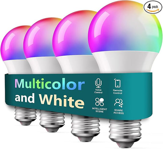 TREATLIFE Smart Light Bulbs 4 Pack, 2.4GHz Color Changing Light Bulb, Works with Alexa Google Home, A19 E26 Dimmable LED Light Bulb 9W 800 Lumen for Party Decoration, Smart Home Lighting
