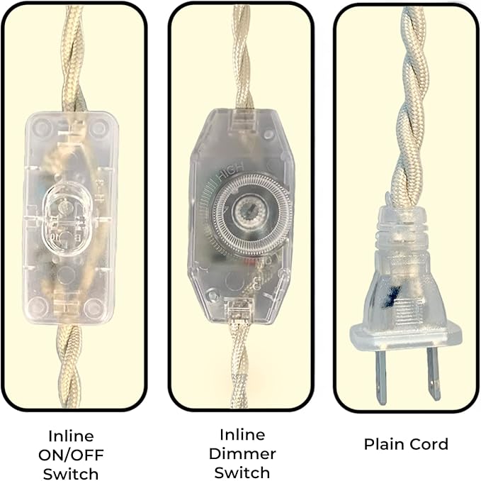 Royal Designs, Inc. 8Ft Twisted Rayon Lamp Cord with NEMA-15P Plug, Rotary Dimmer Switch, Stripped Ends Ready for Wiring, SPT-1 UL Listed, Off-White - Pack of 1