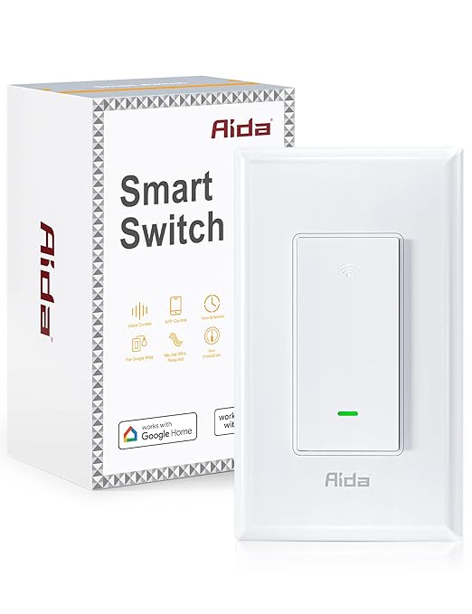 AIDA Smart Light Switch, Single Pole WiFi Smart Switch, Works with Alexa and Google Home, Neutral Wire Required, 2.4Ghz WiFi Switch for LED, CFL, Incandescent Bulbs, No Hub Required, White, 1 Pack
