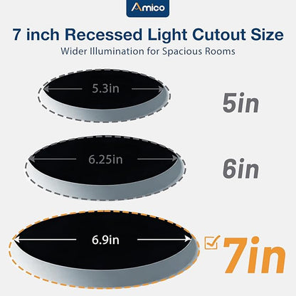 Amico 6 Pack 7 Inch 5CCT Ultra-Thin LED Canless Recessed Ceiling Light with Junction Box, 2700K/3000K/3500K/4000K/5000K Selectable, 15W=100W, 1300LM High Brightness, Dimmable Wafer Downlight-ETL&FCC