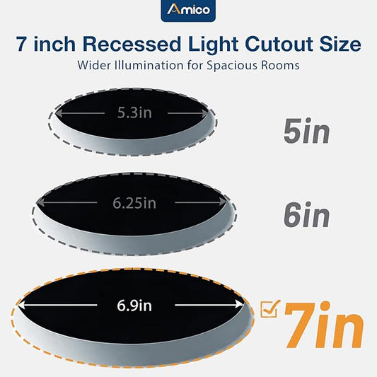 Amico 6 Pack 7 Inch 5CCT Ultra-Thin LED Canless Recessed Ceiling Light with Junction Box, 2700K/3000K/3500K/4000K/5000K Selectable, 15W=100W, 1300LM High Brightness, Dimmable Wafer Downlight-ETL&FCC