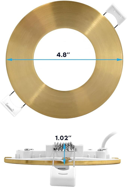 LUXRITE 4 Inch Ultra Thin LED Recessed Light with J-Box, 10W, 5 Color Options 2700K | 3000K | 3500K | 4000K | 5000K, Dimmable Wafer Lights, 750 Lumens, Brass Trim, Energy Star, IC Rated (4 Pack)