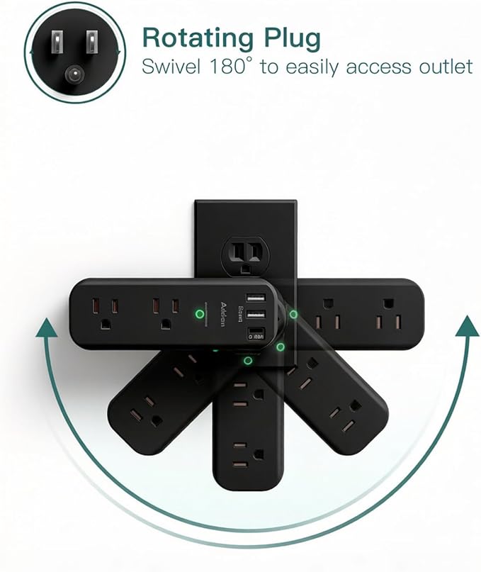 Addtam Surge Protector Outlet Extender with Rotating Plug, 6 AC Outlets & 3 USB Ports, 1800J Wall Power Strip, 3-Sided Spaced Outlet Splitter for Home, Office, Travel, Black