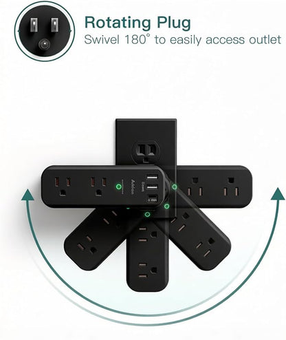 Addtam Surge Protector Outlet Extender with Rotating Plug, 6 AC Outlets & 3 USB Ports, 1800J Wall Power Strip, 3-Sided Spaced Outlet Splitter for Home, Office, Travel, Black