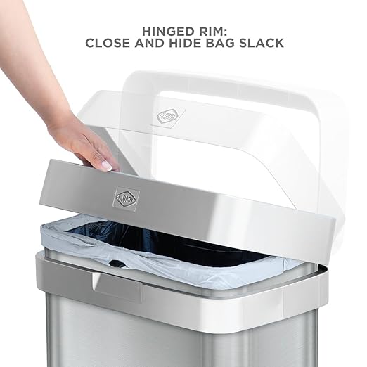 Clorox 13 Gallon Trash Can - 50L Slim Open Top Garbage Bin for Commercial Spaces, Kitchen, Office - Narrow Rectangular Stainless Steel Body with Hinged Rim Protection