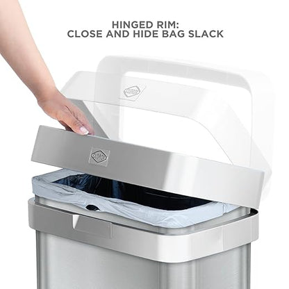 Clorox 13 Gallon Trash Can - 50L Slim Open Top Garbage Bin for Commercial Spaces, Kitchen, Office - Narrow Rectangular Stainless Steel Body with Hinged Rim Protection
