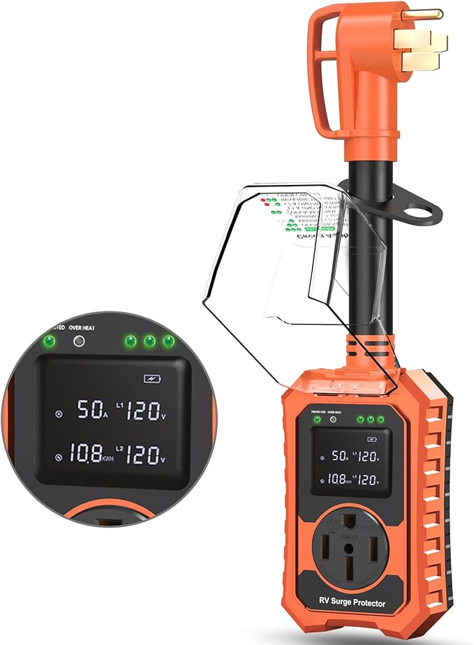 RV Surge Protector 50 Amp Waterproof- Smart 50Amp Power Protectors with Real-Time KWH, Voltage, and Current Monitor Screen, LED Display Circuit Analyzer for Camper Travel Trailer (Orange, 50 Amp)