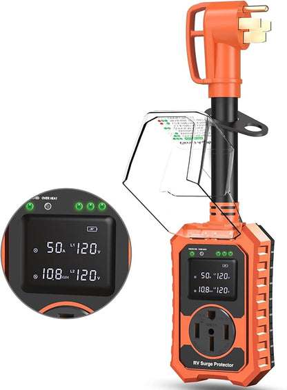 RV Surge Protector 50 Amp Waterproof- Smart 50Amp Power Protectors with Real-Time KWH, Voltage, and Current Monitor Screen, LED Display Circuit Analyzer for Camper Travel Trailer (Orange, 50 Amp)