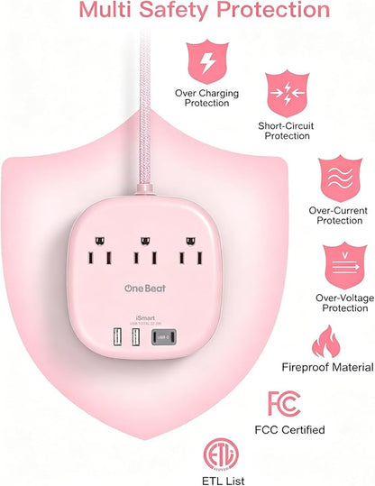 Cruise Ship Travel Essentials, 22.5W/4.5A Flat Plug Power Strip, 10Ft Long Extension Cord, 3 Outlets 4 USB Ports (2 USB C) Cruise Approved Power Strip No Surge Protection, USB Charging Station, Pink