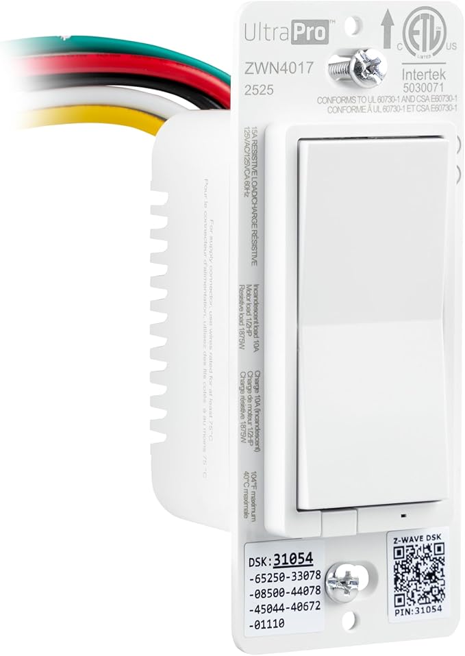 UltraPro Z-Wave Plus Long Range in-Wall Smart Light Switch for Smart Home Automation, 1 Pack, Plastic Yoke, Flying Leads, Single-Pole/3-Way, Hub Required, 76601