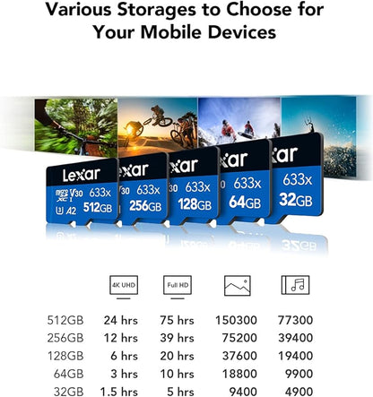 Lexar High-Performance 633x 64GB microSDXC UHS-I Card w/ SD Adapter, C10, U3, V30, A1, Full-HD & 4K Video, Up To 100MB/s Read, for Smartphones, Tablets, and Action Cameras (LSDMI64GBBNL633A)