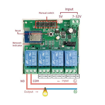 4 Channel Smart WiFi RF Bluetooth Wireless Dry Contact Relay Switch Module,Phone app Remote Control,Compatible with Alexa Google Home (Tuya 4CH 5V AC/DC7-32V)