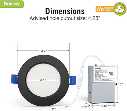 DAMINY 12 Pack 4 Inch Black LED Recessed Lighting with Junction Box,5CCT,Ultra-Thin Recessed Light,7W 700LM, Dimmable Canless Wafer Ceiling Light, High Brightness