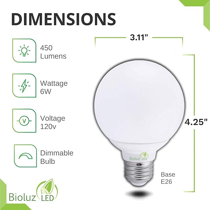 Bioluz LED G25 Globe Vanity Light Bulbs, 60W Equivalent, 2700K Warm White, 90 CRI, 450 Lumens, Dimmable, E26 Base – Bathroom Mirror Lighting 6 Pack