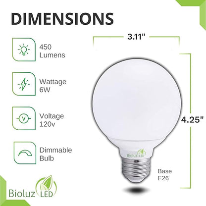Bioluz LED G25 Globe Vanity Light Bulbs, 60W Equivalent, 2700K Warm White, 90 CRI, 450 Lumens, Dimmable, E26 Base – Bathroom Mirror Lighting 6 Pack