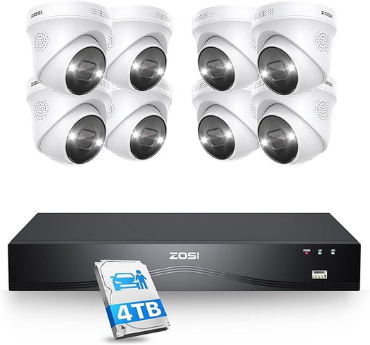 ZOSI 32CH 4K PoE Security Camera System, 8pcs 8MP Outdoor Indoor Metal Dome Cameras, Color Night Vision, Person Vehicle Detection, 2 Way Audio, 16 Port 32 Channel NVR with 4TB HDD for 24/7 Recording