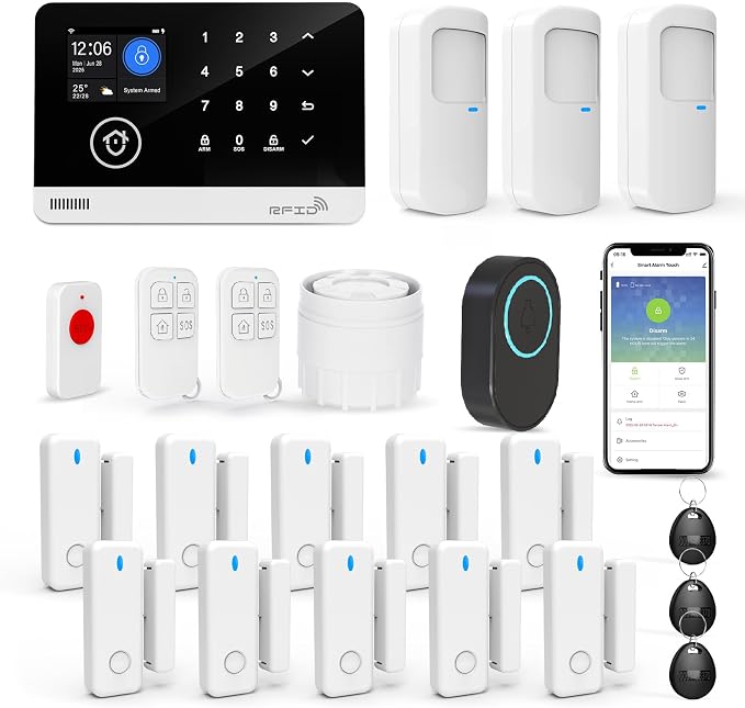 Home Security System, Alarm System for Home Security, 22-Piece Kit WiFi/GSM SMS Alarm System with Motion Detector, 120dB Alarm Siren, Door Window Burglar Alarm, Smart Remote Control, Alexa Compatible