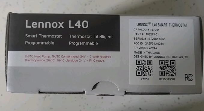 Lennoxe L40 Smart Thermostat, Programmable, Touchscreen, WiFi, Single Stage, 1H/1C Conventional, 2H/1C Dual Fuel Heat Pump, Model 27V51 Easy Install