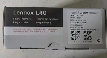 Lennoxe L40 Smart Thermostat, Programmable, Touchscreen, WiFi, Single Stage, 1H/1C Conventional, 2H/1C Dual Fuel Heat Pump, Model 27V51 Easy Install