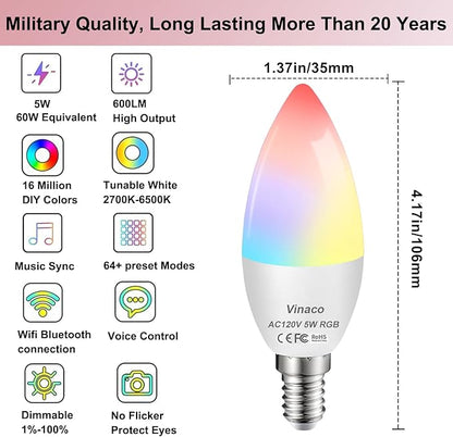 Vinaco E12 Smart LED Bulb 5W 600LM, 4 Pack E12 LED Light Bulbs Color Changing WiFi Bluetooth Work with Alexa & Google Assistant, Smart E 12 Candelabra Bulb 60 Watt E 12 Base, RGB Light Bulbs B11