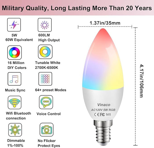Vinaco E12 Smart LED Bulb 5W 600LM, 4 Pack E12 LED Light Bulbs Color Changing WiFi Bluetooth Work with Alexa & Google Assistant, Smart E 12 Candelabra Bulb 60 Watt E 12 Base, RGB Light Bulbs B11