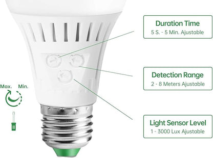Motion Sensor Light Bulb with Dusk to Dawn, E26 Base, 7W LED(60W Equivalent), Cool White(6000K), Motion Sensitivity, Time and Twilight Setting Adjustable