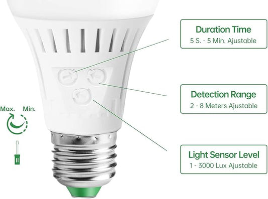 Motion Sensor Light Bulb with Dusk to Dawn, E26 Base, 7W LED(60W Equivalent), Cool White(6000K), Motion Sensitivity, Time and Twilight Setting Adjustable