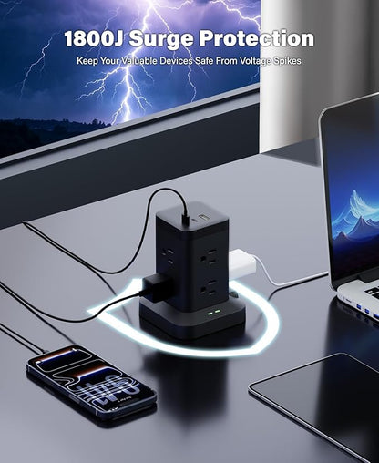 Power Strip Tower with Surge Protector 1800J, Fast Charging Tower PD20W USB-C Ports with 8 AC Outlets, Extension Cord for Home Office Dorm Room, Black, 10FT