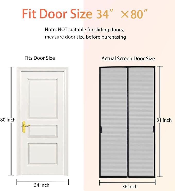 FEGO Magnetic Screen Door Fit Door Size:34"x80", Screen Itself Size 36"x81", Enjoy Breeze, Hands Free Entry, Reinforced Fiberglass Mesh Anti-Tearing, Pet & Kid Friendly, Strong Magnets for Patio/Front