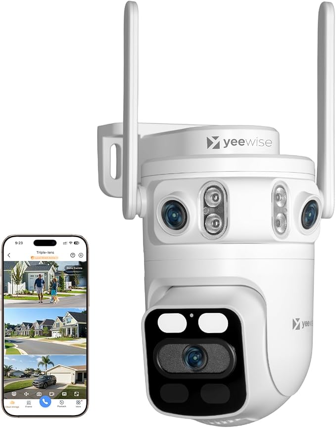 yeewise Triple Lens WiFi Security Camera with AI Tracking, WiFi 6 Outdoor PTZ Camera, 360° View Home Security, 5/2.4Ghz Dual Band, Easy Bluetooth Setup, Plug-in Power