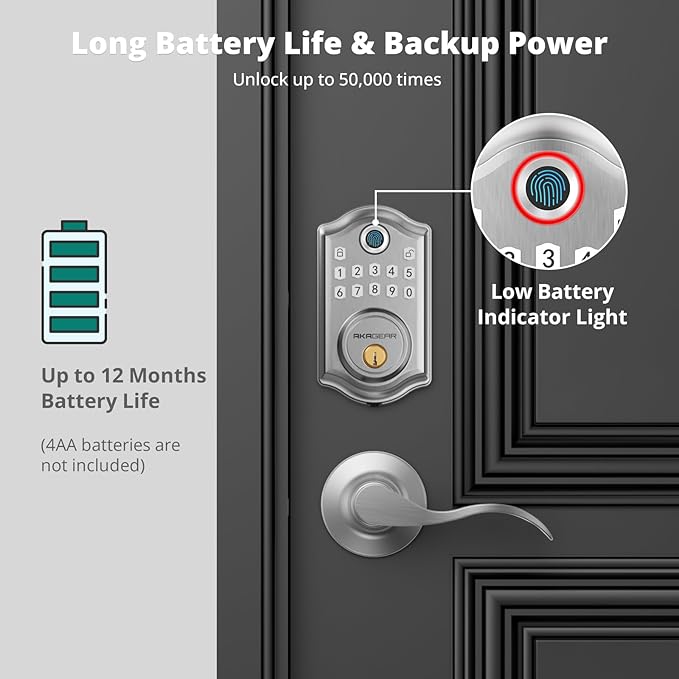 AkaGear DS10 Keyless Entry Door Lock with 2 Lever Handle, Fingerprint, Keypad Code, 2 Keys, Smart Locks for Front Door, Bedroom, One-time Code, Auto-Lock, Easy Installation - Satin Nickel