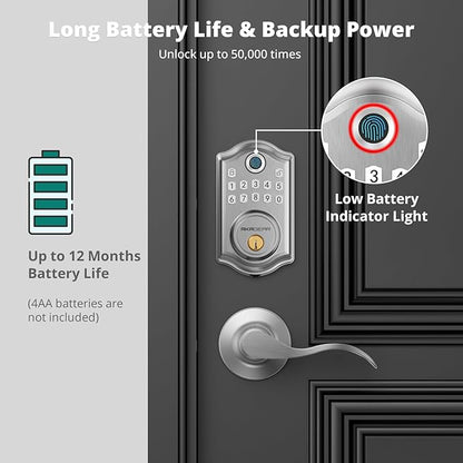 AkaGear DS10 Keyless Entry Door Lock with 2 Lever Handle, Fingerprint, Keypad Code, 2 Keys, Smart Locks for Front Door, Bedroom, One-time Code, Auto-Lock, Easy Installation - Satin Nickel