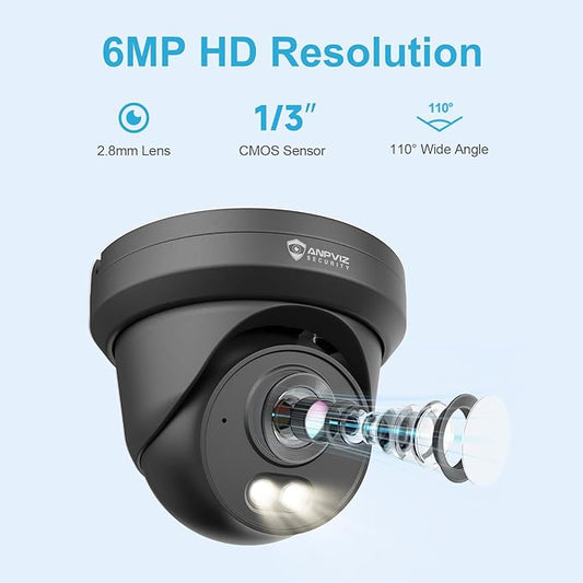 Anpviz 6MP PoE IP Camera Black, 3K Full Metal Turret Security IP Camera Outdoor Wired, Smart Dual Light Color Night Vision, AI Human Vehicle Detection, Built-in Mic, NDAA, IPC-D3B63B-S (U Series)