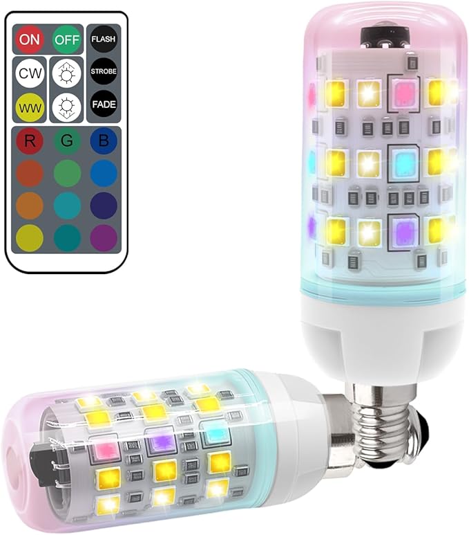 XRise E12 Color Changing Bulb with Remote Control, Dimmable 12 Colors+3000K+6000K, 2W LED E12 Candelabra Bulb 20W Incandescent Replacement, Memory Function, No Flicker, for Mooding Lighting, 2PACK