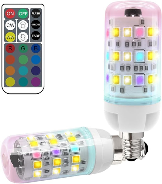 XRise E12 Color Changing Bulb with Remote Control, Dimmable 12 Colors+3000K+6000K, 2W LED E12 Candelabra Bulb 20W Incandescent Replacement, Memory Function, No Flicker, for Mooding Lighting, 2PACK