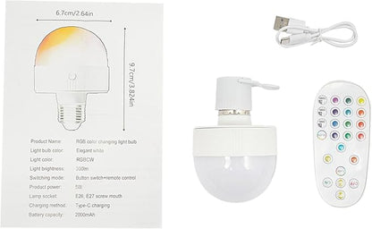 Rechargeable Light Bulb with with Controller and Timer, 3 RGB Colors RGB, Dimmable Battery-Operated Bulb, E26 E27 Universal Screw Mouth, Suitable for Parties Clubs Bars